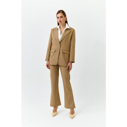 Striped Blazer Jacket Pants Beige Women's Suit