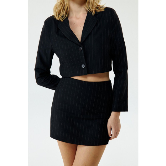 Striped Jacket Short Skirt Black Women's Suit