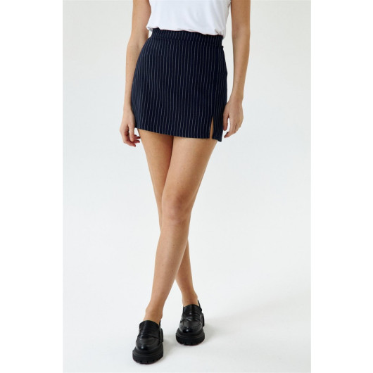 Striped Slit Detailed Navy Blue Mini Skirt