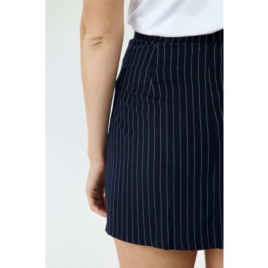Striped Slit Detailed Navy Blue Mini Skirt