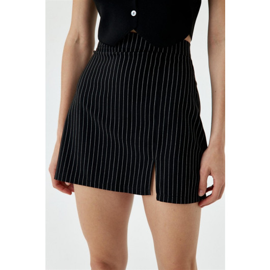 Striped Slit Detailed Black Mini Skirt