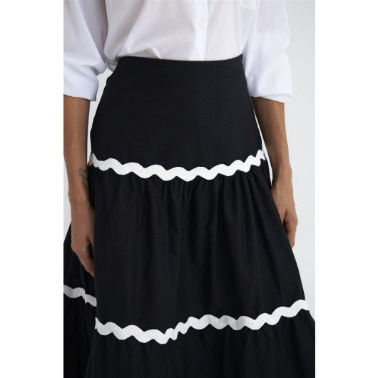 Lace Detailed Pleated Poplin Black Maxi Skirt