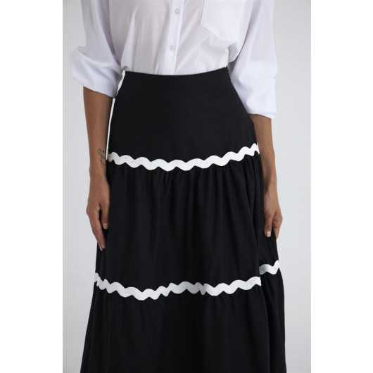 Lace Detailed Pleated Poplin Black Maxi Skirt