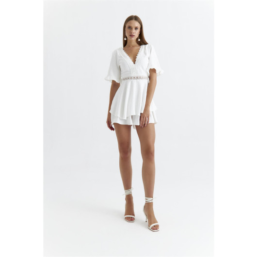 Lace Detailed Mini Shorts White Jumpsuit