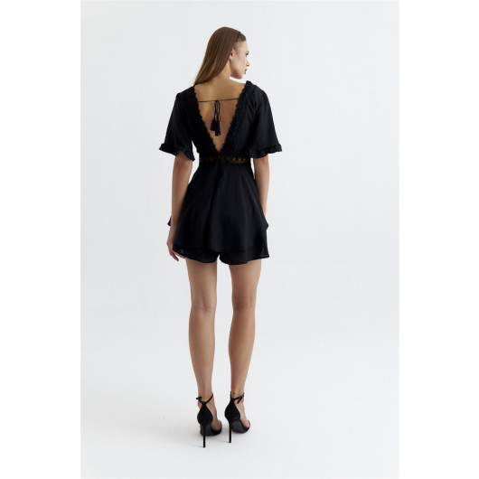 Lace Detailed Mini Shorts Black Jumpsuit