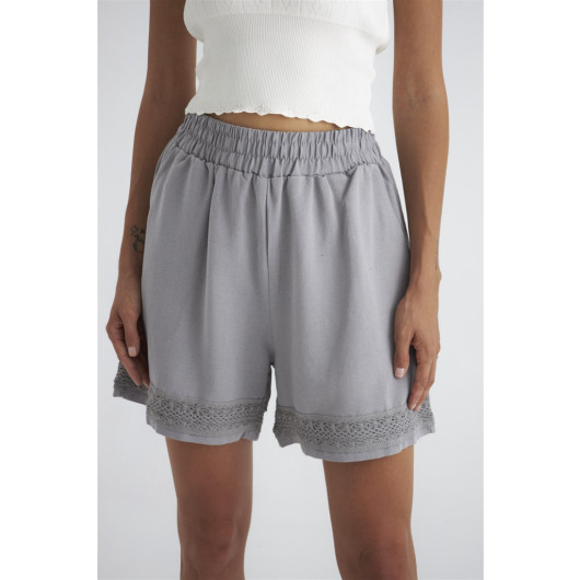 Women's Linen Blend Gray Shorts With Lace Trim
