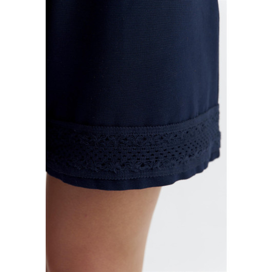 Navy Blue Women's Shorts With Lace Trim Linen Blend