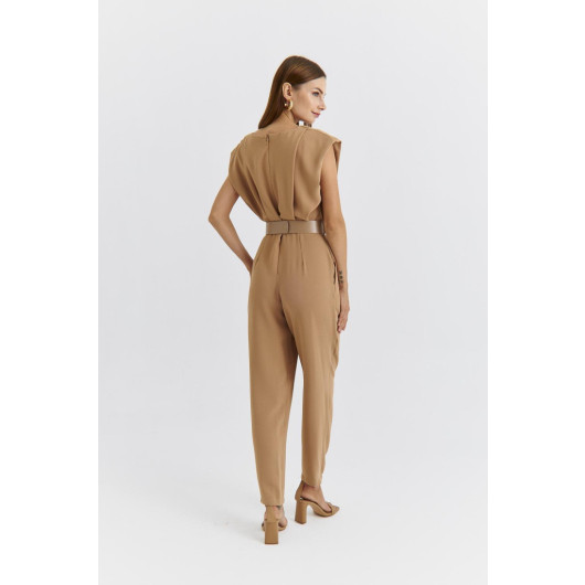 Pleated Camel Women's Jumpsuit With Collar Collar Belt