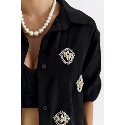Sea Shell Embroidered Black Women's Shirt
