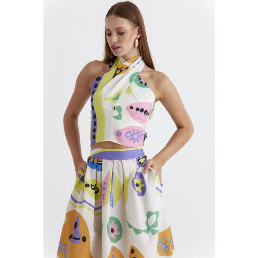 Patterned Halter Neck Crop Skirt Lilac Set