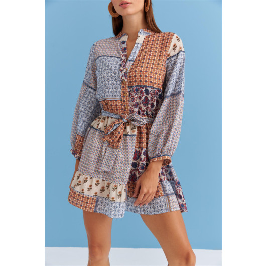Patterned Belted Brown Mini Dress
