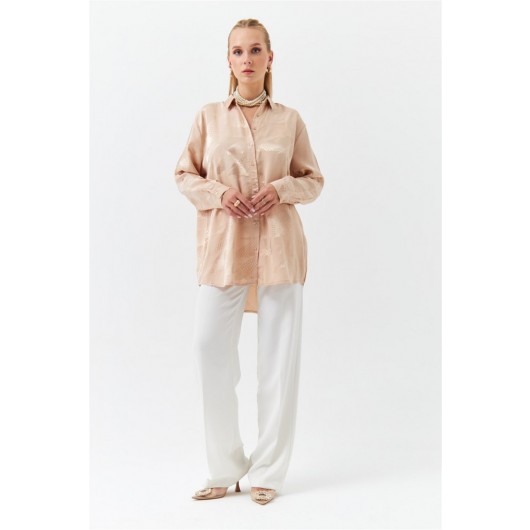Patterned Long Sleeve Jacquard Beige Women's Shirt