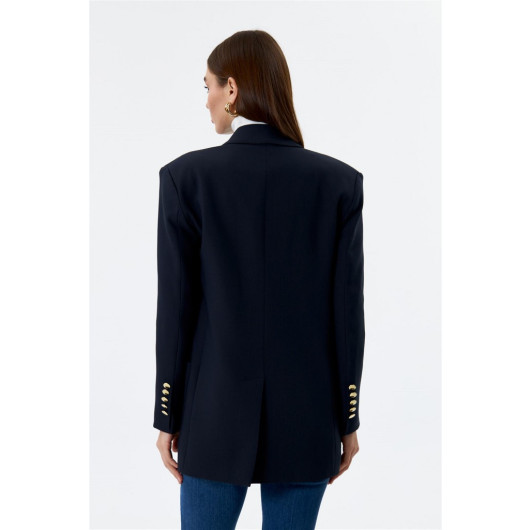 Gold Buttoned Double Breasted Blazer Dark Navy Blue Women's Jacket