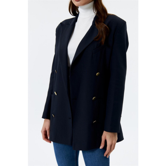 Gold Buttoned Double Breasted Blazer Dark Navy Blue Women's Jacket