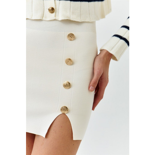 Gold Button Knitwear Cream Mini Skirt