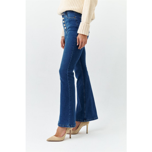 Button Detailed Bell-Length Blue Women's Jeans
