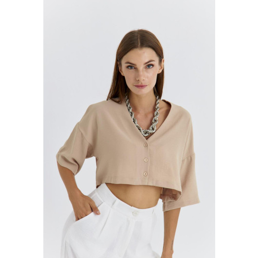 Buttoned Crop Beige Women's Shirt