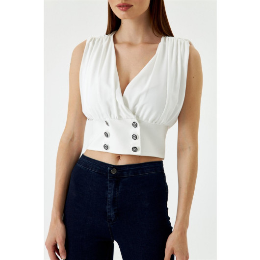 Buttoned Off Shoulder Pleated Chiffon White Women's Blouse