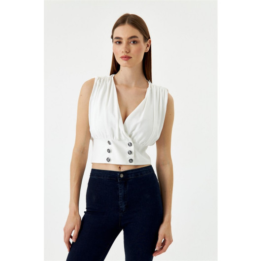 Buttoned Off Shoulder Pleated Chiffon White Women's Blouse