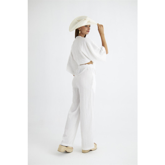 Knot Detailed Blouse Pants White Women's Suit