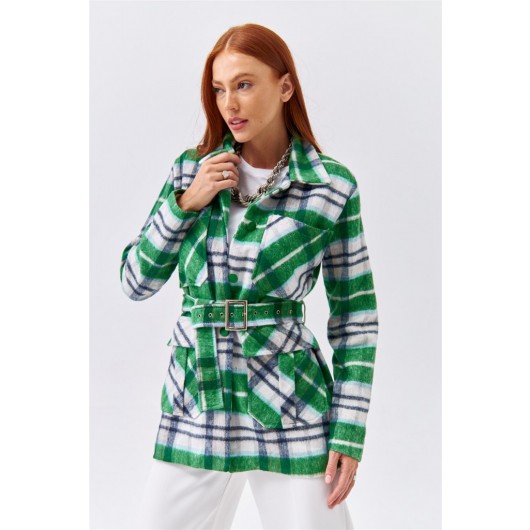 Plaid Shirt Collar Green Women's Jacket