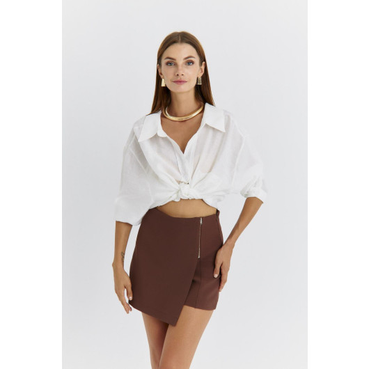 Zipper Detailed Brown Women's Short Skirt