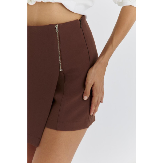 Zipper Detailed Brown Women's Short Skirt