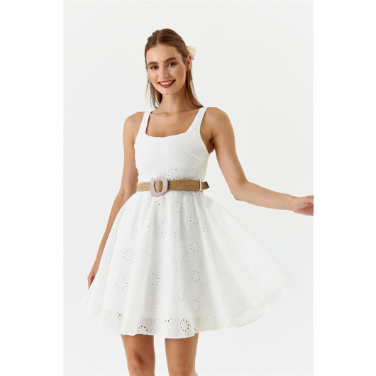Scalloped Embroidered White Mini Dress