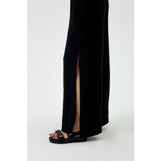 Wide Leg Slit Black Women's Trousers
