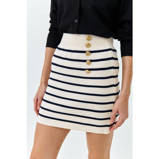 Gold Buttoned Mini Knitwear Navy Blue Women's Skirt