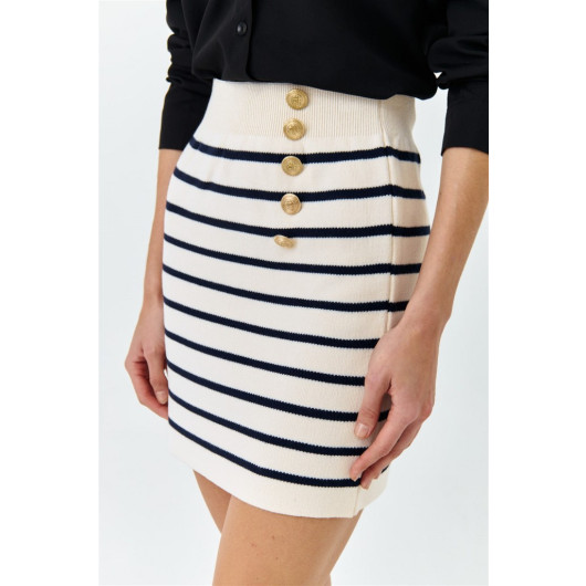 Gold Buttoned Mini Knitwear Navy Blue Women's Skirt