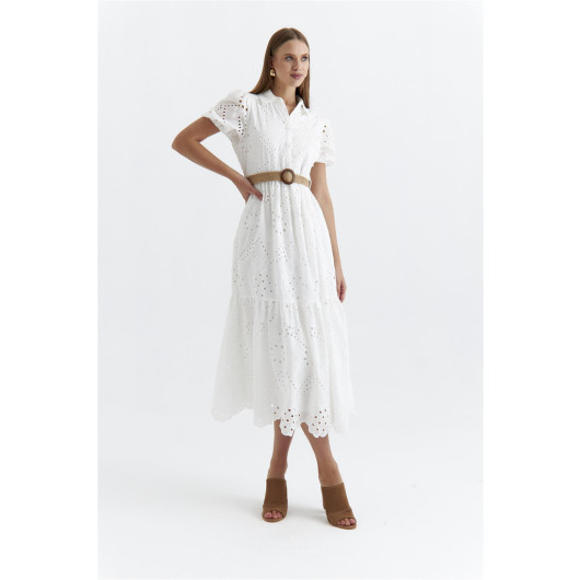 Shirt Collar Belted White Maxi Scalloped Dress