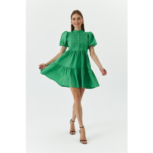 فستان نسائي قصير بأكمام منتفخة بياقة شيف لون أخضر