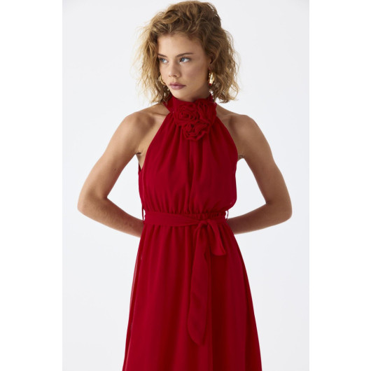 فستان نسائي شيفون احمر متوسط الطول