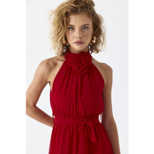 Halter Neck Chiffon Red Midi Dress