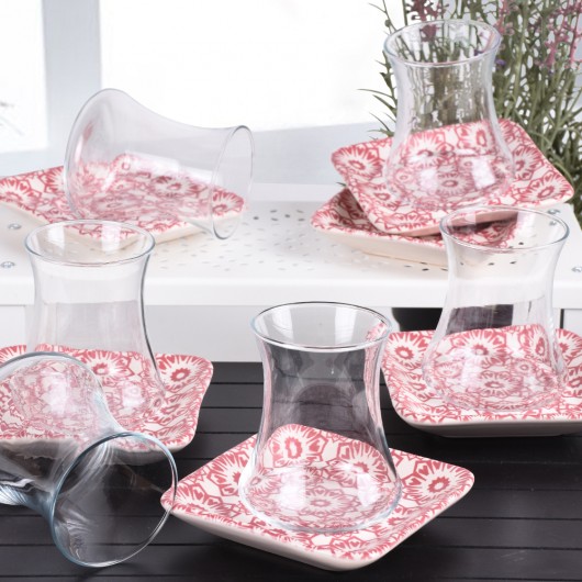 Pink Glass Tea Set 12 Pieces For 6 Persons - 17947 İknat