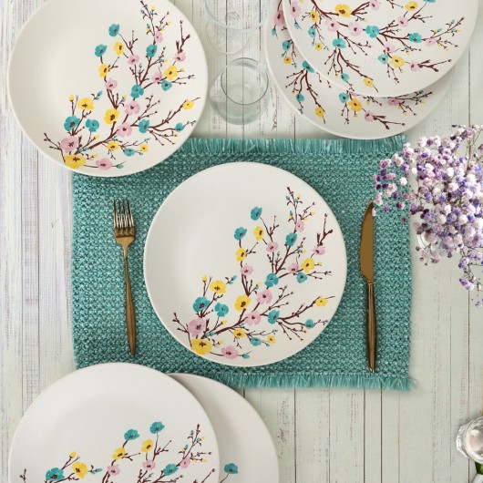 Six Piece Ceramic Serving Plates With Spring Blossom Pattern