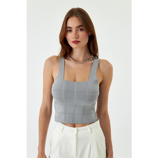Square Collar Strap Knitwear Gray Women's Blouse