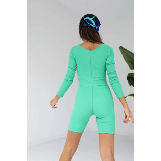 Square Collar Zippered Green Women's Jumpsuit