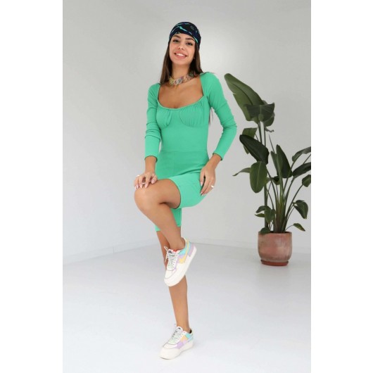 Square Collar Zippered Green Women's Jumpsuit
