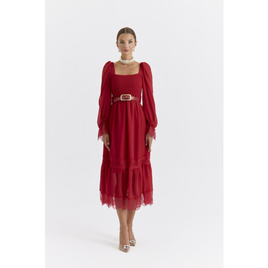 Square Neck Gipelled Chiffon Red Maxi Dress