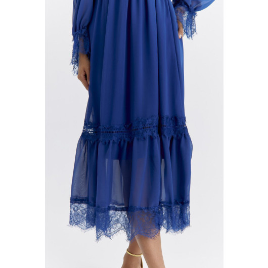 Square Collar Gippie Chiffon Sax Blue Maxi Dress