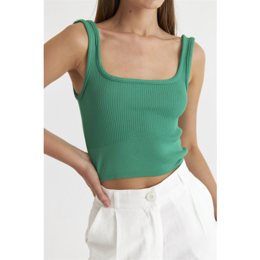 Square Neck Knitwear Green Crop Top