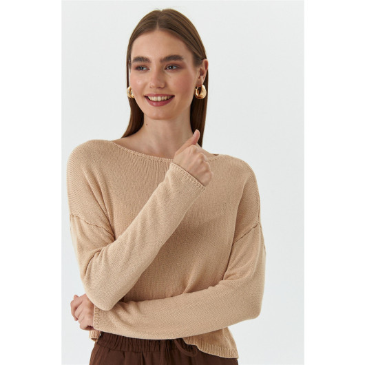 Boat Neck Knitwear Camel Women's Sweater