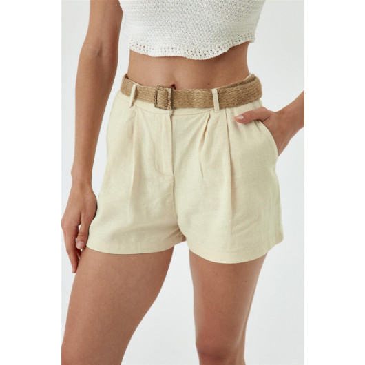 Belted Linen Blended Beige Women's Shorts