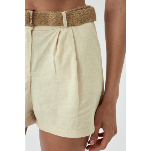 Belted Linen Blended Beige Women's Shorts