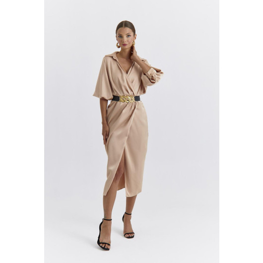 Belted Double Breasted Satin Beige Midi Dress