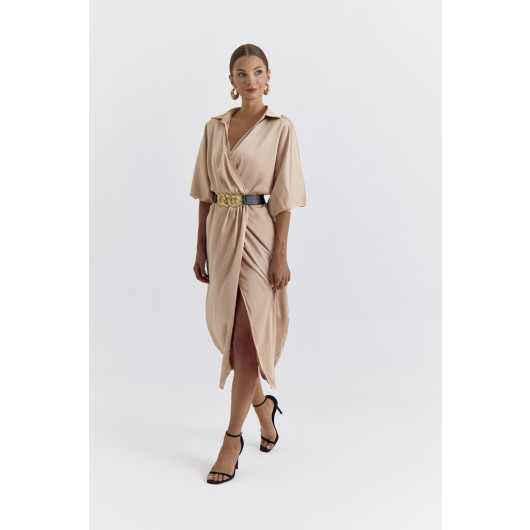 Belted Double Breasted Satin Beige Midi Dress