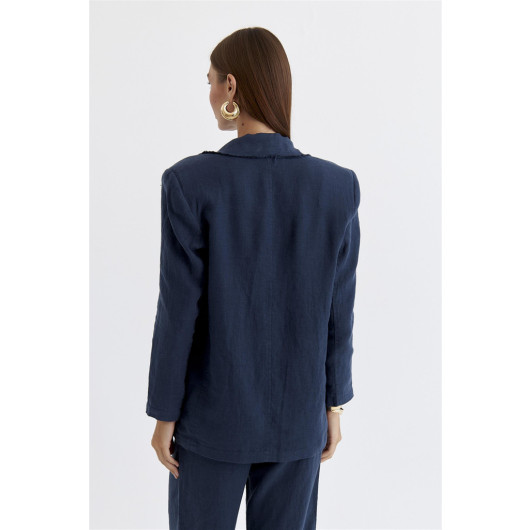 Linen Blazer Navy Blue Women's Jacket