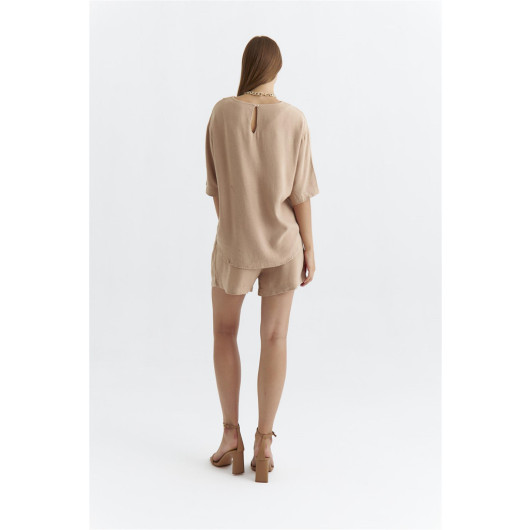 Linen Textured Blouse Shorts Camel Women's Suit